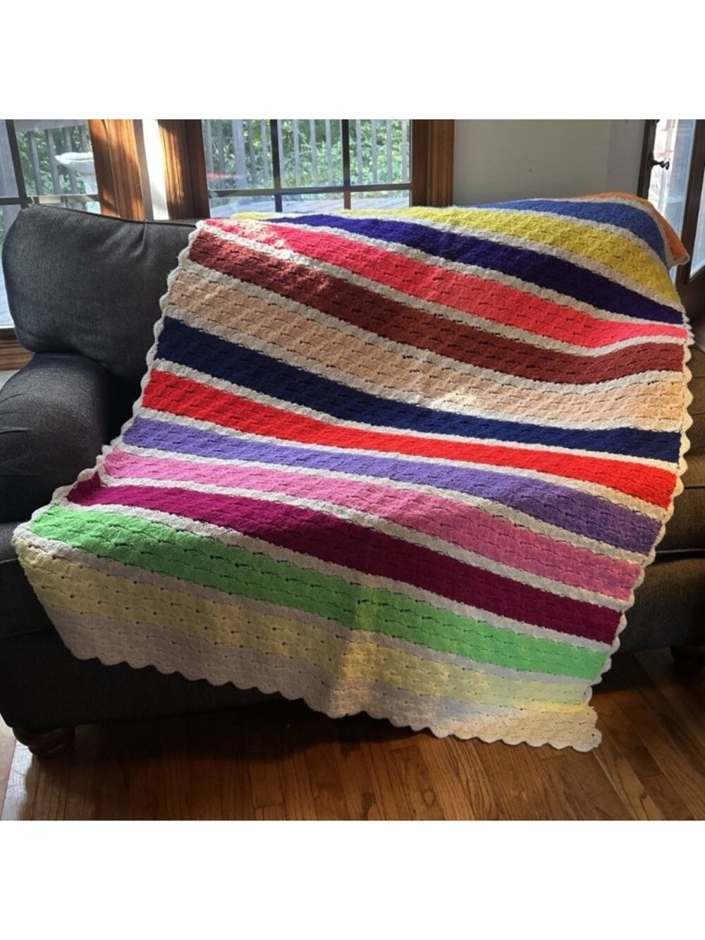 Vintage Hand Crocheted Multicolored Striped Throw Blanket 71”x 50” Rectangle
